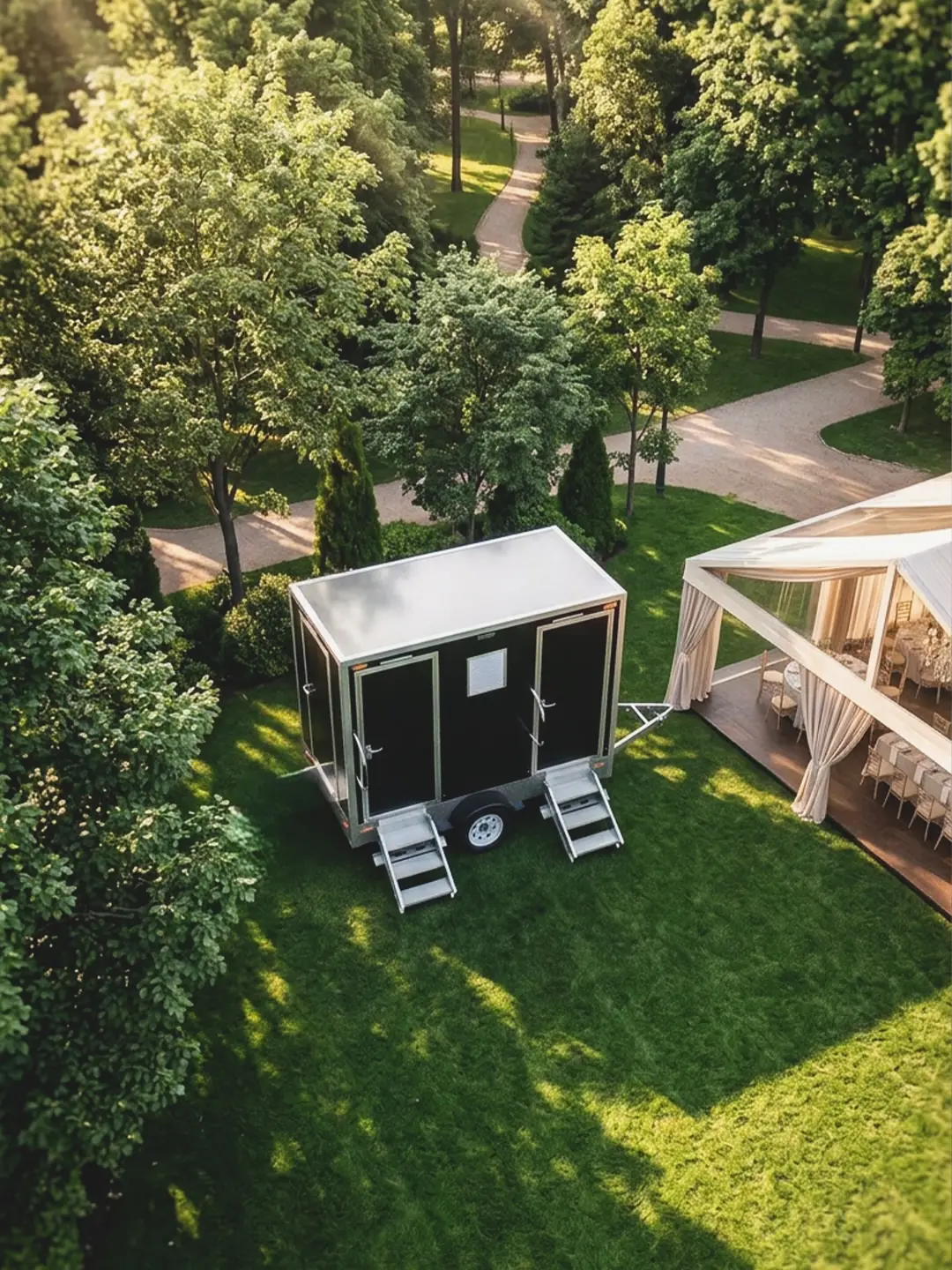 Aerial view of a dark restroom trailer with steps set on a lawn beside trees