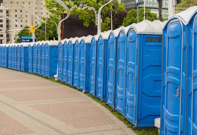 a row of portable restrooms at a fairground, offering visitors a clean and hassle-free experience in dormont